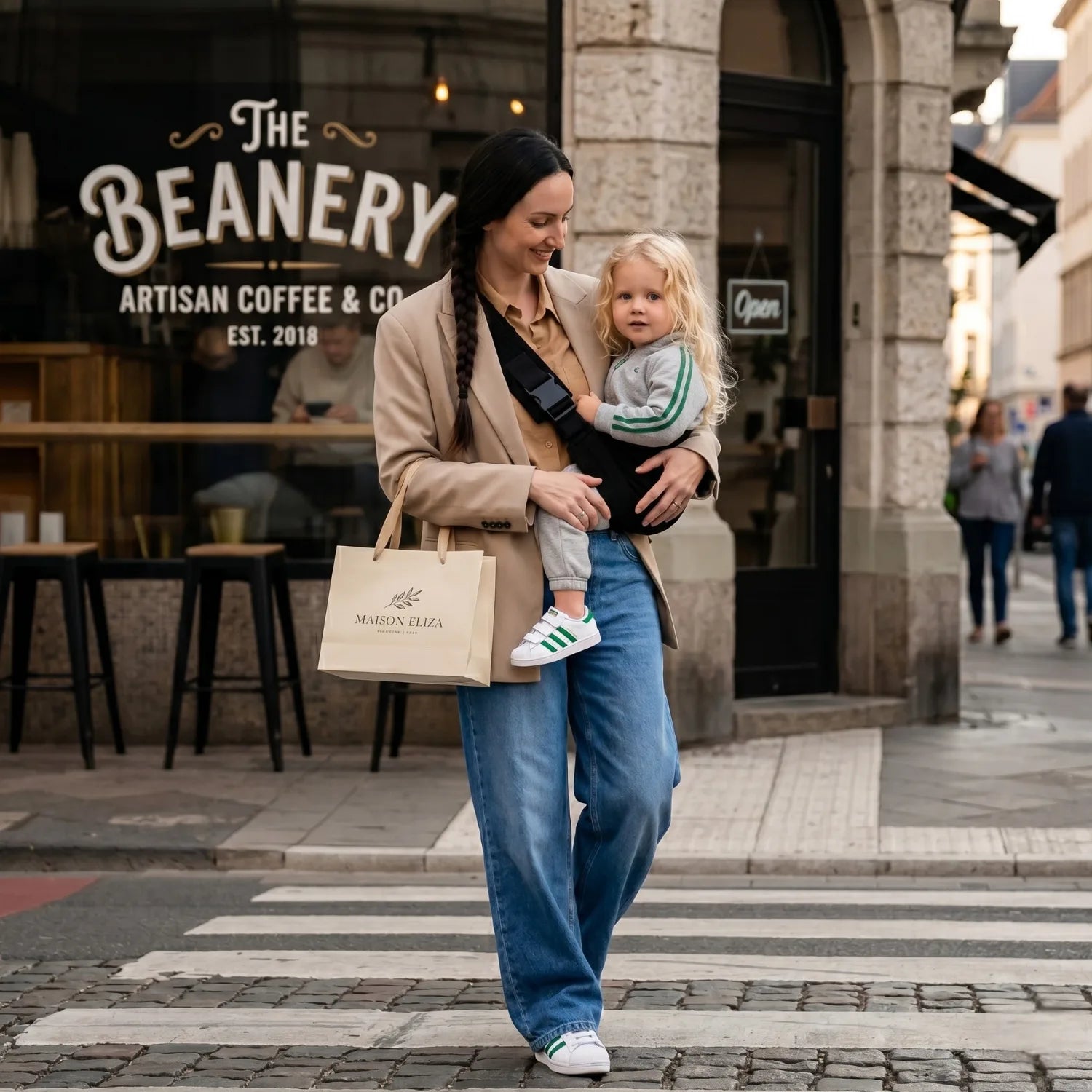 Parents avec porte bébé ergonomique confortable solution de portage pratique pour balade et mobilité avec bébé