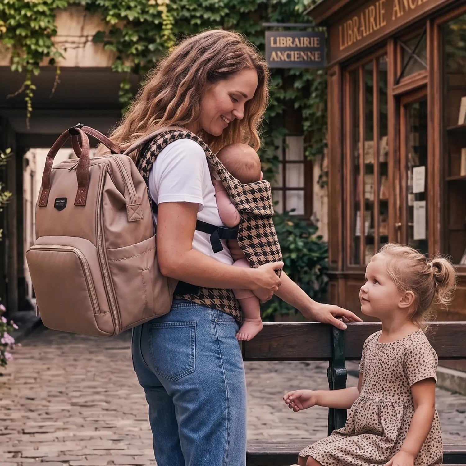 Pack maternité Goodnvibes avec sac à langer sur poussette et maman en porte-bébé.