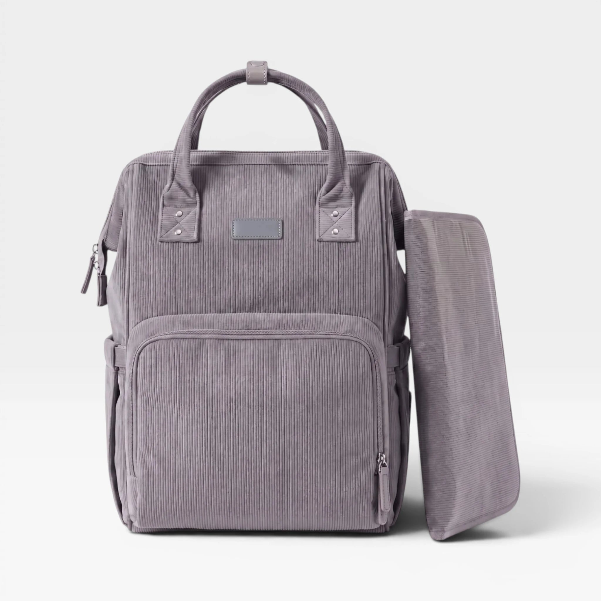 Sac à langer élégant en velours côtelé gris anthracite textile premium résistant.