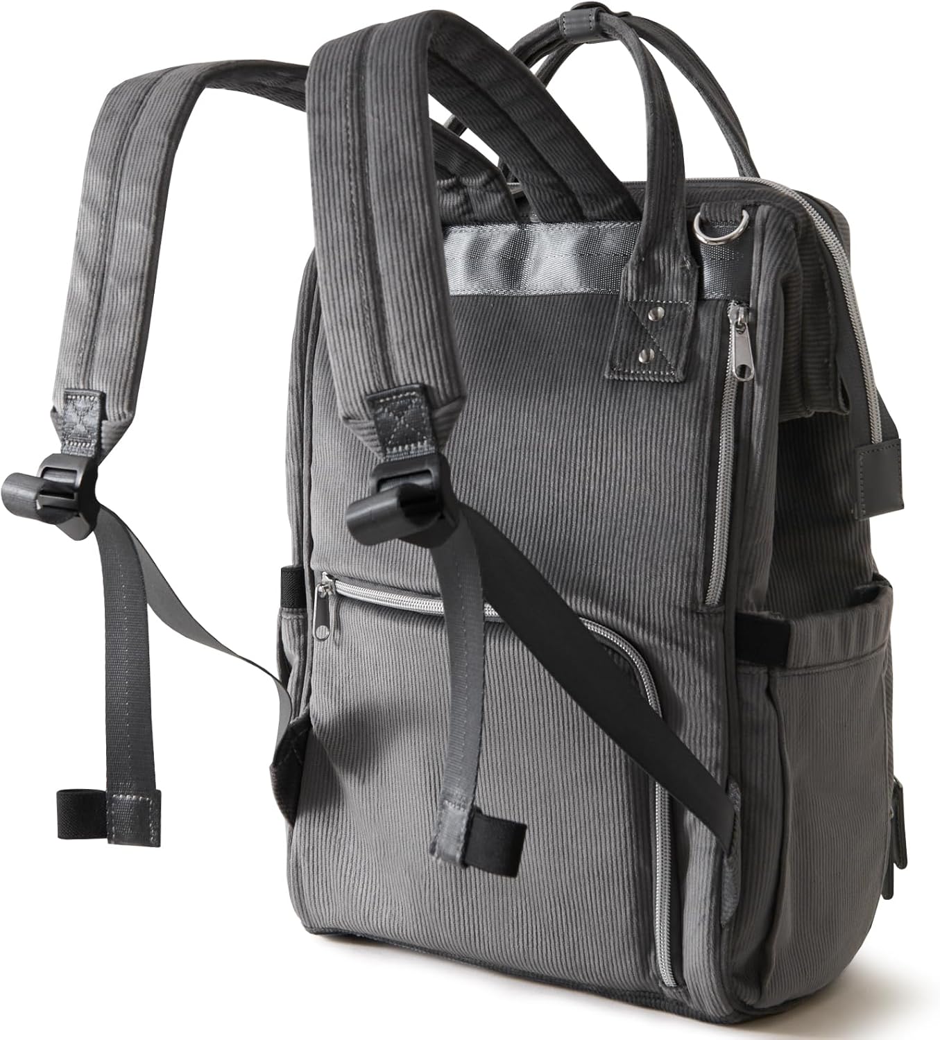 Sac à langer de luxe Goodnvibes en velours premium, fermé, vue de dos avec compartiments pratiques pour accéder rapidement aux clefs et essentiels.