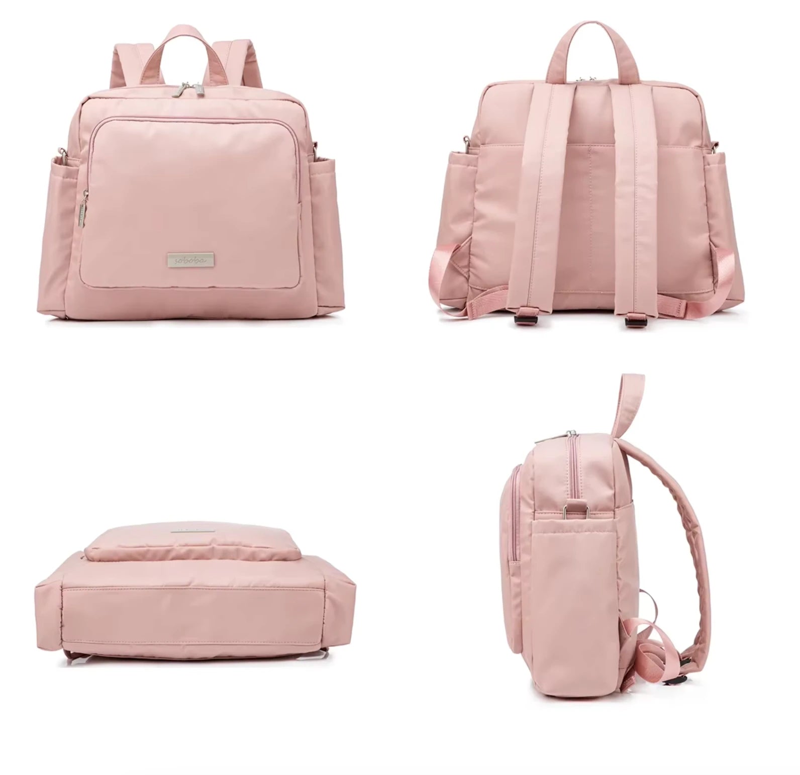 Sac à langer en PU, poids 0,720 kg, dimensions 34x32x12 cm, facile à nettoyer avec un chiffon microfibre humide rose vue face et profil