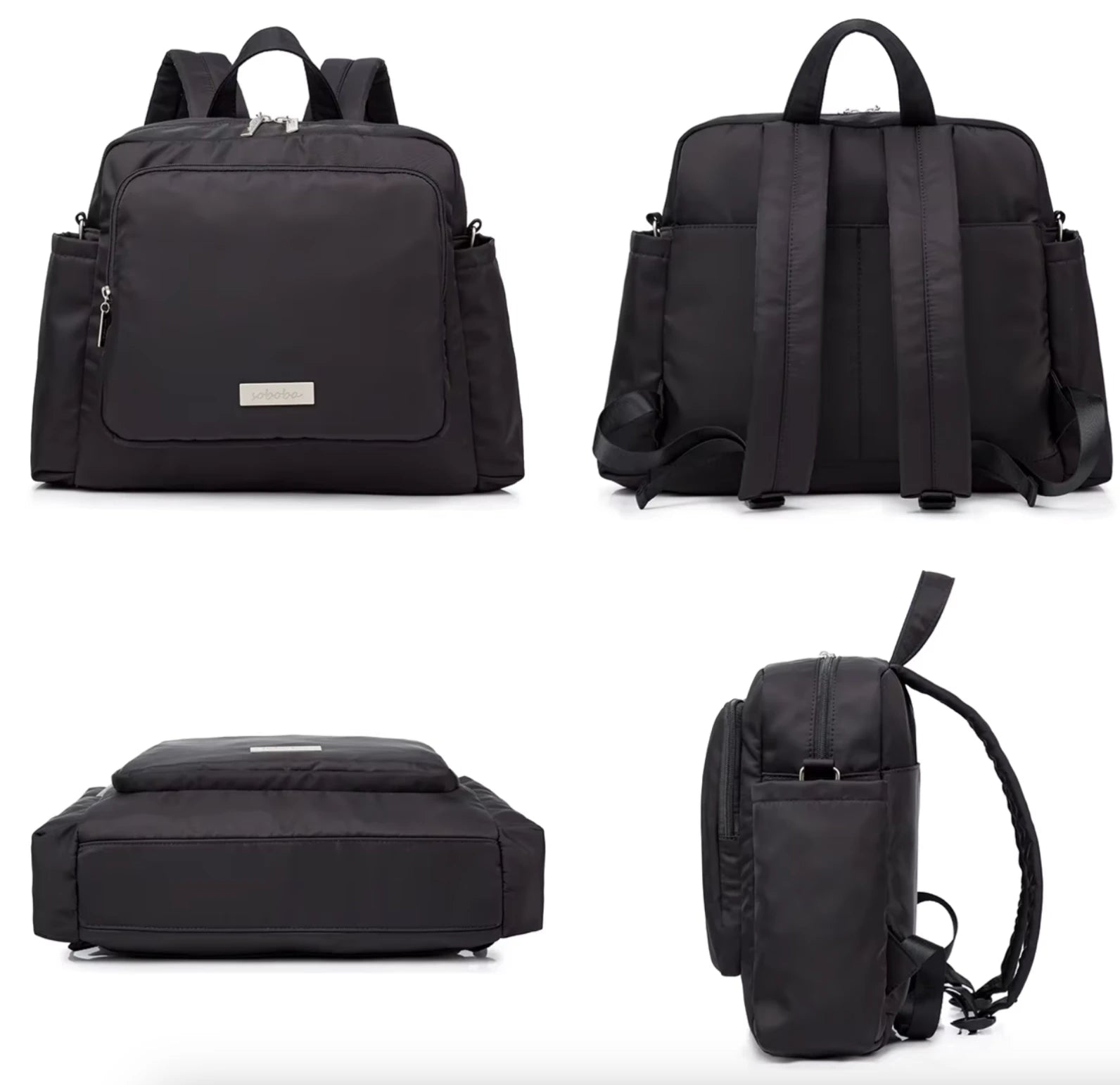 Sac à langer en PU, poids 0,720 kg, dimensions 34x32x12 cm, facile à nettoyer avec un chiffon microfibre humide noir vue profil