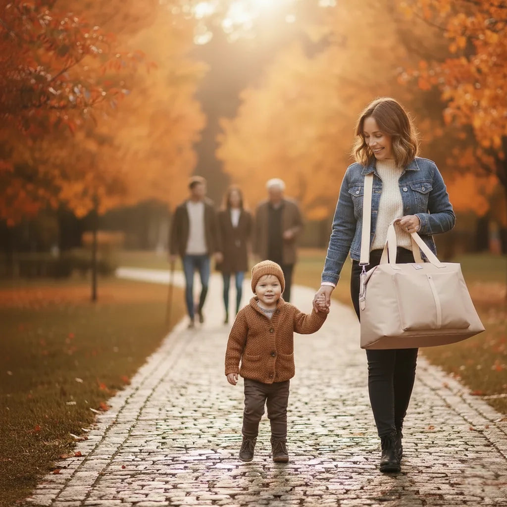 Sac à langer MoodPack accroché à une poussette, pratique et stylé pour les parents actifs