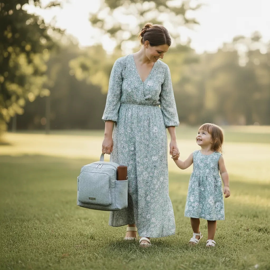 Ce sac à langer compact séduit par son design soigné en PU effet cuir, subtilement contrasté par deux empiècements en tissu texturé façon lin.