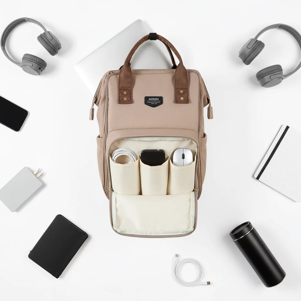 Sac à langer polyvalent utilisé comme sac de travail, avec compartiments organisés pour ordinateur et accessoires