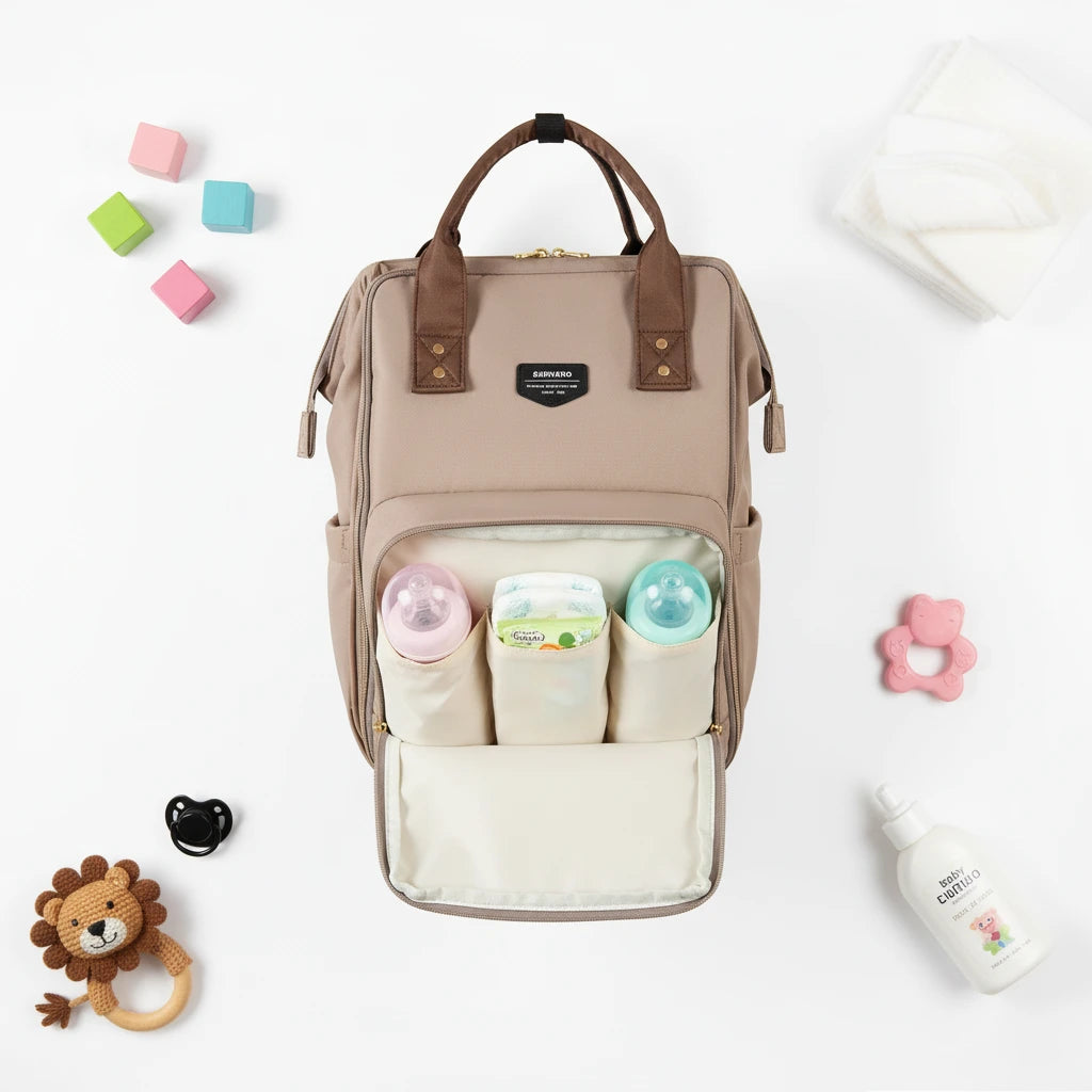 Sac à langer pratique pour bébé avec rangements dédiés aux couches, biberons et essentiels du quotidien