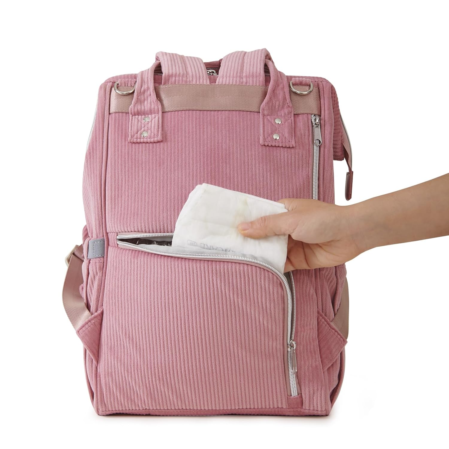 "Sac à langer spacieux en tissu premium, avec matelas à langer assorti inclus. Dimensions 45x30x22 cm pour 0,75 kg. Parfait pour organiser les essentiels de bébé, facile à nettoyer avec un chiffon microfibre rose vue dos rangement couche