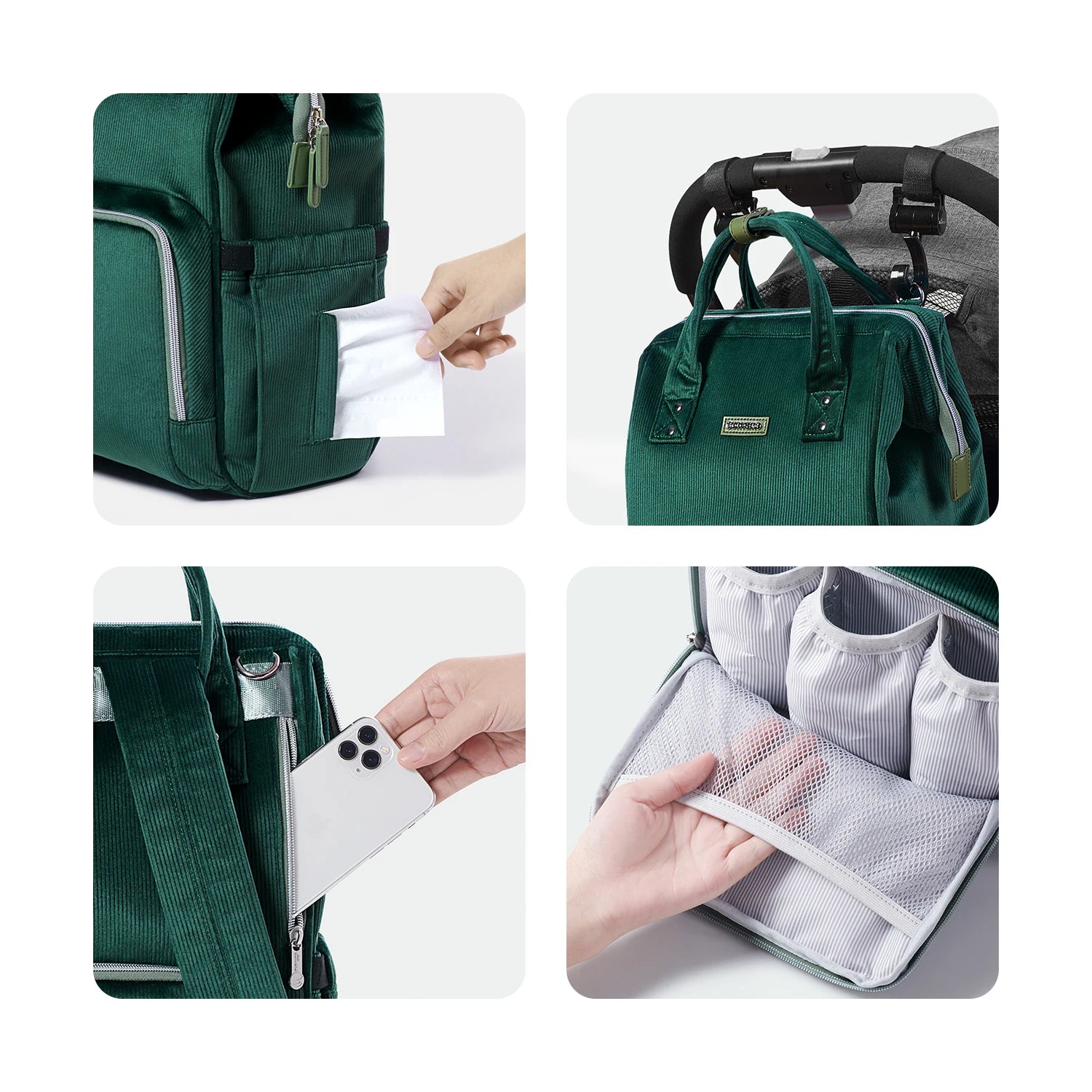 "Sac à langer spacieux en tissu premium, avec matelas à langer assorti inclus. Dimensions 45x30x22 cm pour 0,75 kg. Parfait pour organiser les essentiels de bébé, facile à nettoyer avec un chiffon microfibre poche smartphone et poche latérale lingette