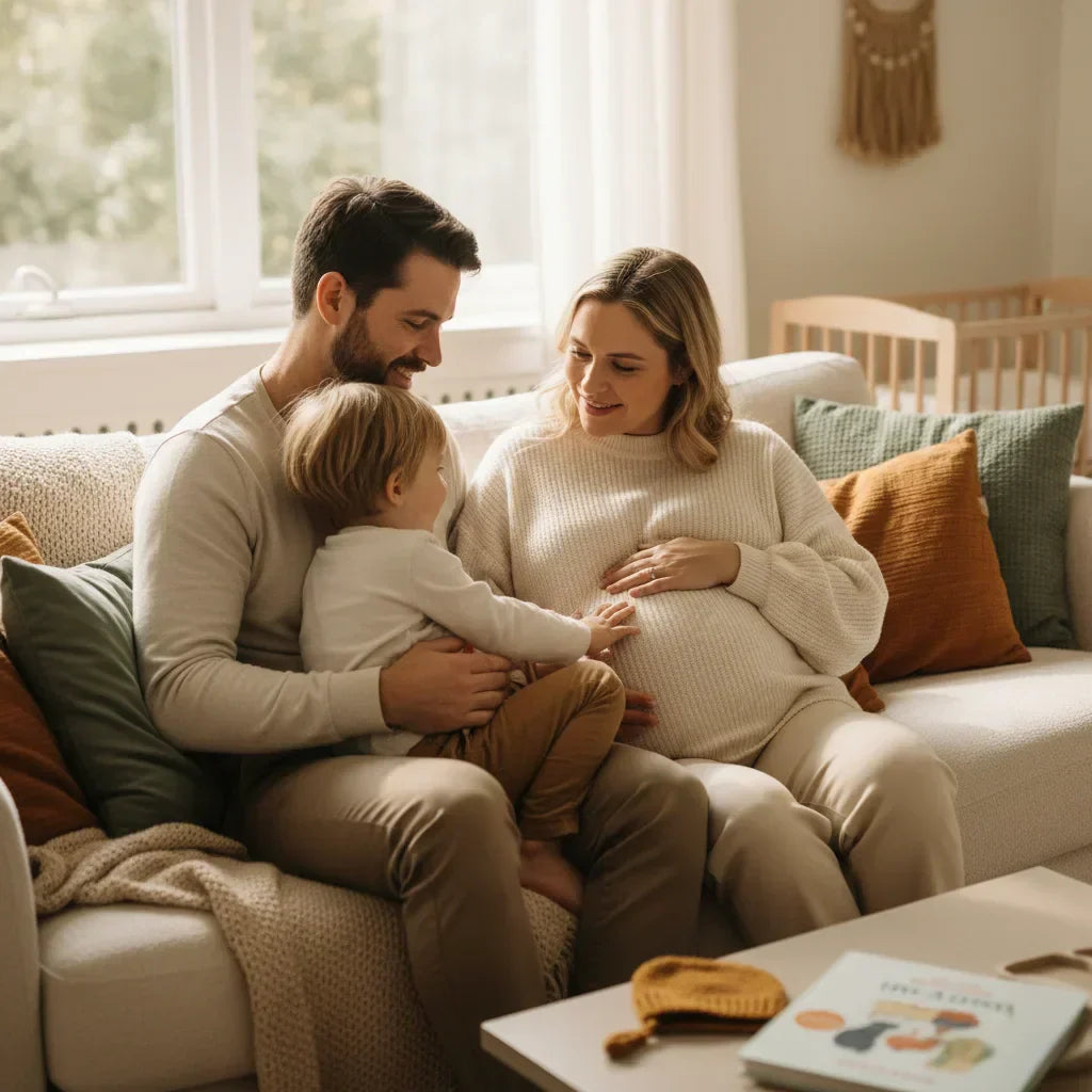 Future maman entourée de checklists et accessoires de naissance