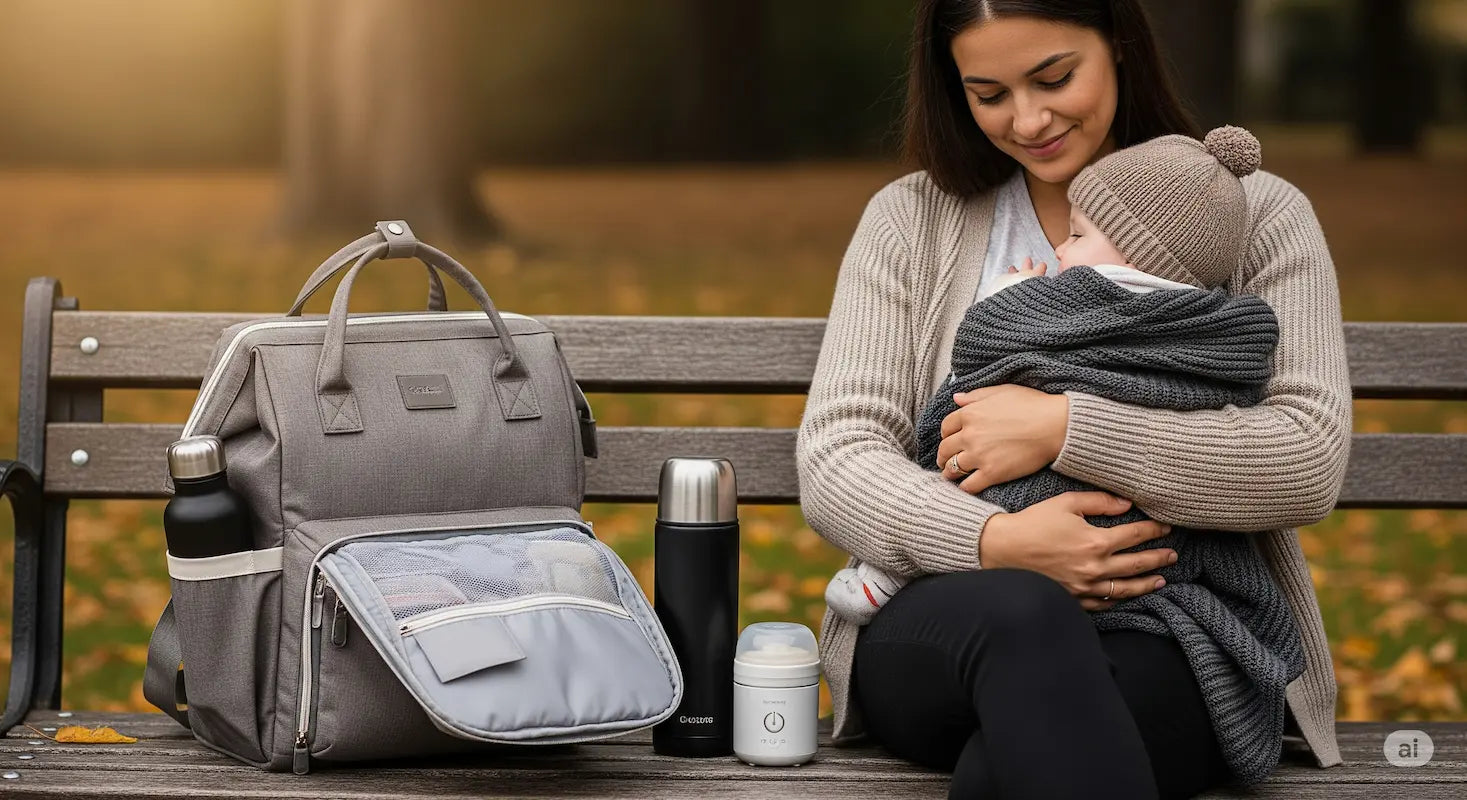 Jeune mère avec son bébé sur un banc de parc, à côté d'un sac à langer, d'un chauffe-biberon nomade, d'une gourde et d'un thermos. L'image évoque un moment de sérénité avec des accessoires modernes pour parents.