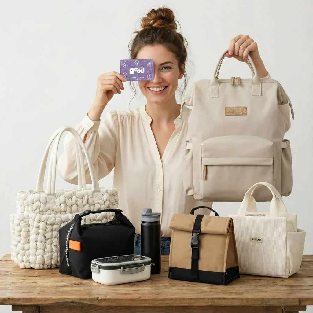 Idée cadeau parents 2026 : Femme présentant la carte cadeau Goodnvibes entourée de sacs à langer matelassés et lunch bags tendances