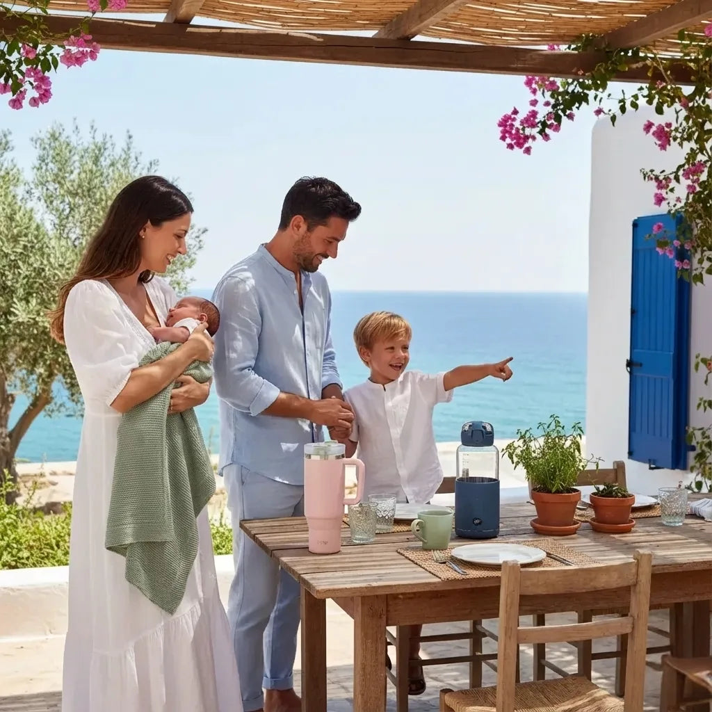 Famille profitant d'une terrasse ensoleillée vue mer. La maman tient son bébé enveloppé dans une couverture de portage en tricot vert sauge, tandis que le papa et le fils aîné regardent l'horizon. Des gourdes isothermes colorées sont sur la table en bois