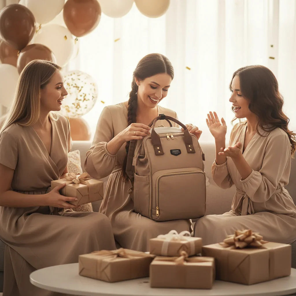 Goodnvibes - Maman enceinte déballant son sac à langer moka lors d'une baby shower festive entre amies