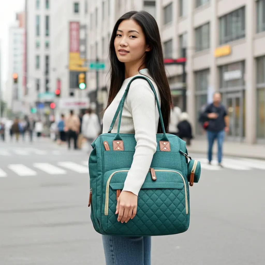 Sac à dos à langer Globe-Trotter porté par une maman en extérieur, design unisexe, tissu waterproof, tapis intégré, idéal pour parents nomades
