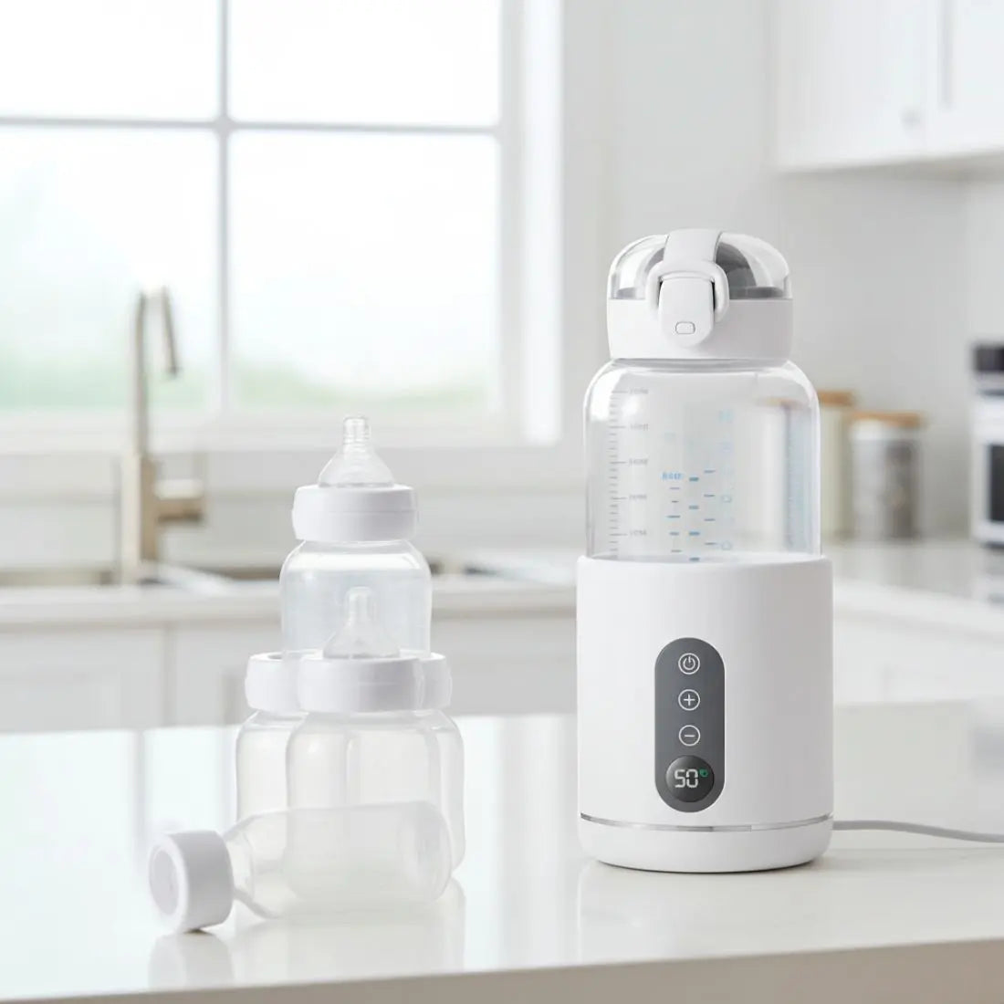 Chauffe-biberon portable en verre borosilicate et acier inoxydable, poids 0,560 kg, dimensions 23x19x9 cm, capacité 300 ml, température réglable de 37 à 55 degrés, batterie 5200 mAh, affichage LED, recharge USB-C, chauffe rapide, compatible avec batterie externe, prise voiture et chargeur mural, utilisable aussi pour les boissons des parents bleu