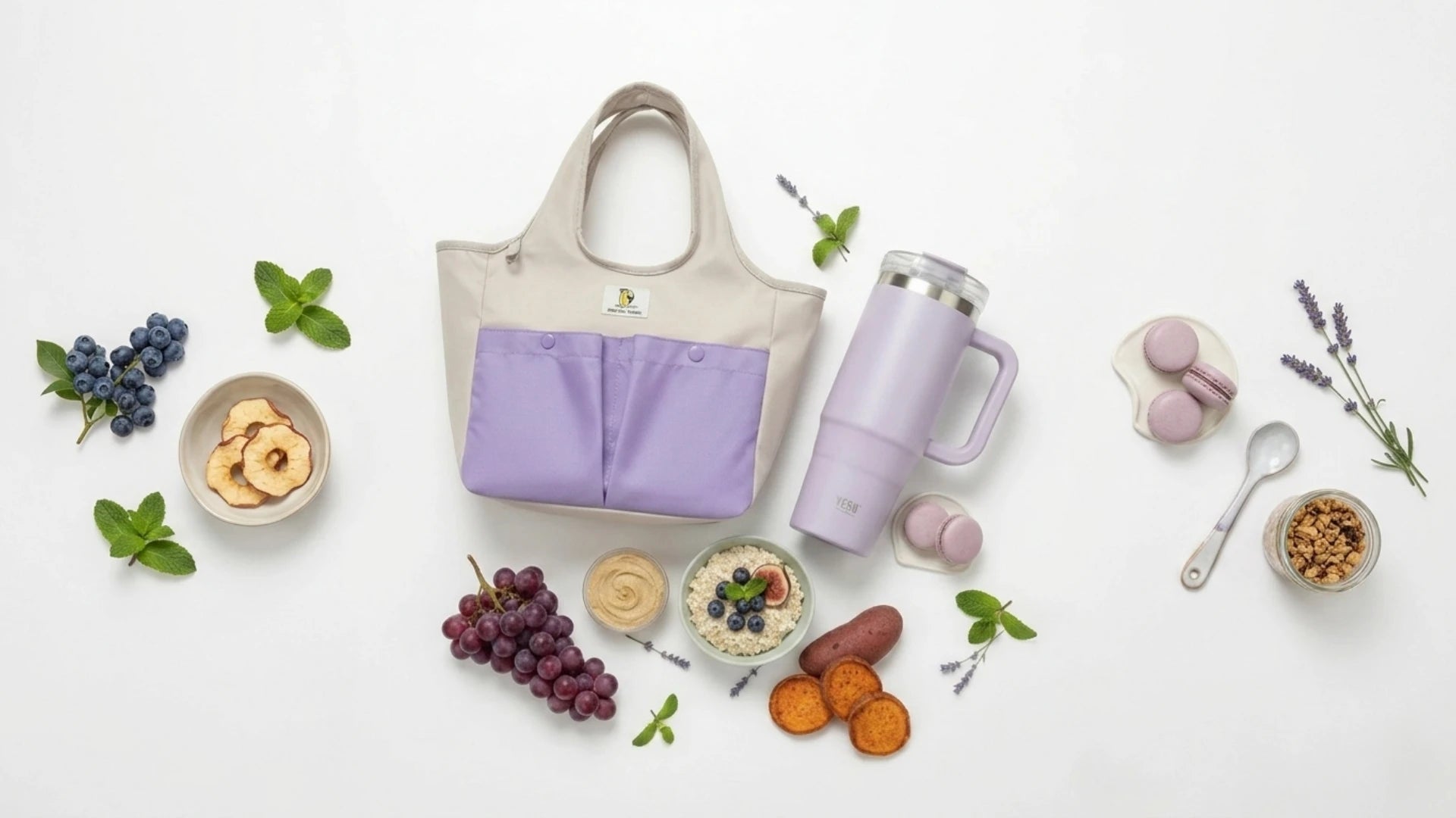 Bannière collection Goodnvibes : Pack lunch complet avec sac isotherme beige et violet, gourde assortie et accessoires repas sains sur fond blanc.