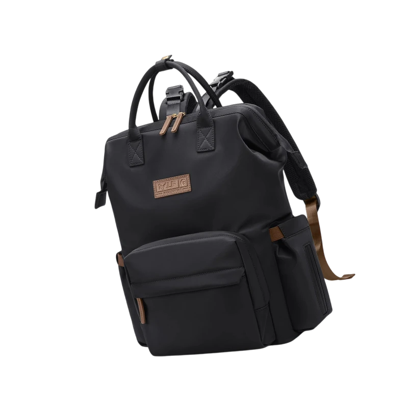 Vue de face du sac à langer Nyla avec poches extérieures zippées
