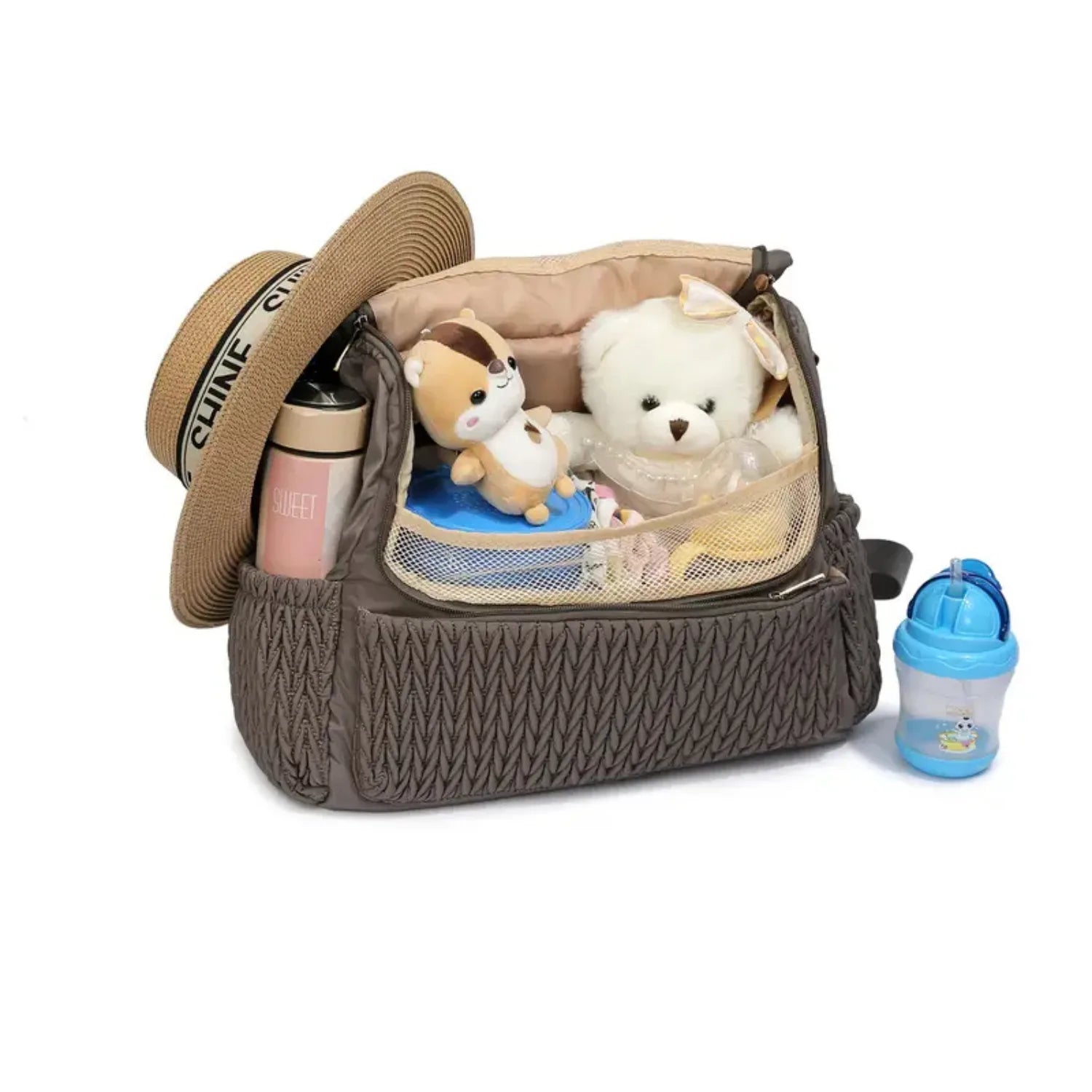 Sac à langer SereniBag matelassé brodé en polyester premium, design élégant et fonctionnel pour parents actifs.