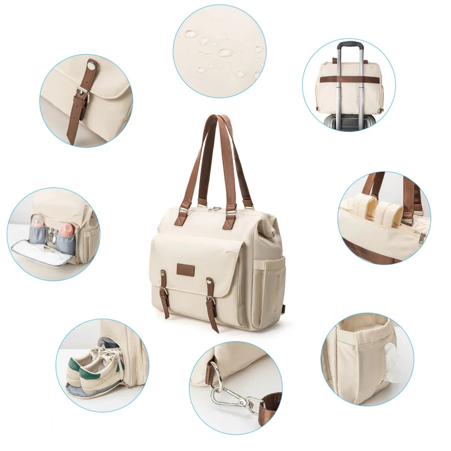 Sac à langer beige style tote, parfait pour voyages courts ou longs avec bébé

