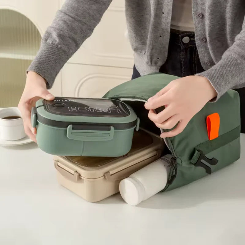 Sac repas portable en coton perlé et polyester, idéal sorties pique-nique.