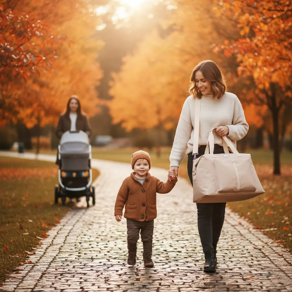 Sac à langer MoodPack accroché à une poussette, pratique et stylé pour les parents actifs

