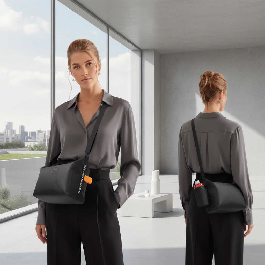 Lunch bag fonctionnel NomadBox avec poche latérale cachée pour une bouteille, posé en extérieur.
