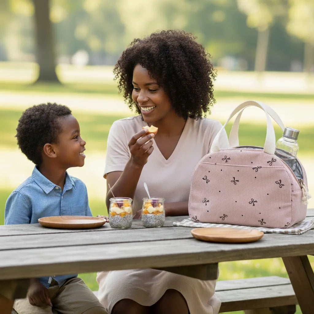 Le Cozy Pouch est un sac à lunch compact en polyester résistant qui allie praticité et style. Disponible avec des motifs tête d’ours et nœud style cadeau qui apportent une touche charmante et unique à votre quotidien. 