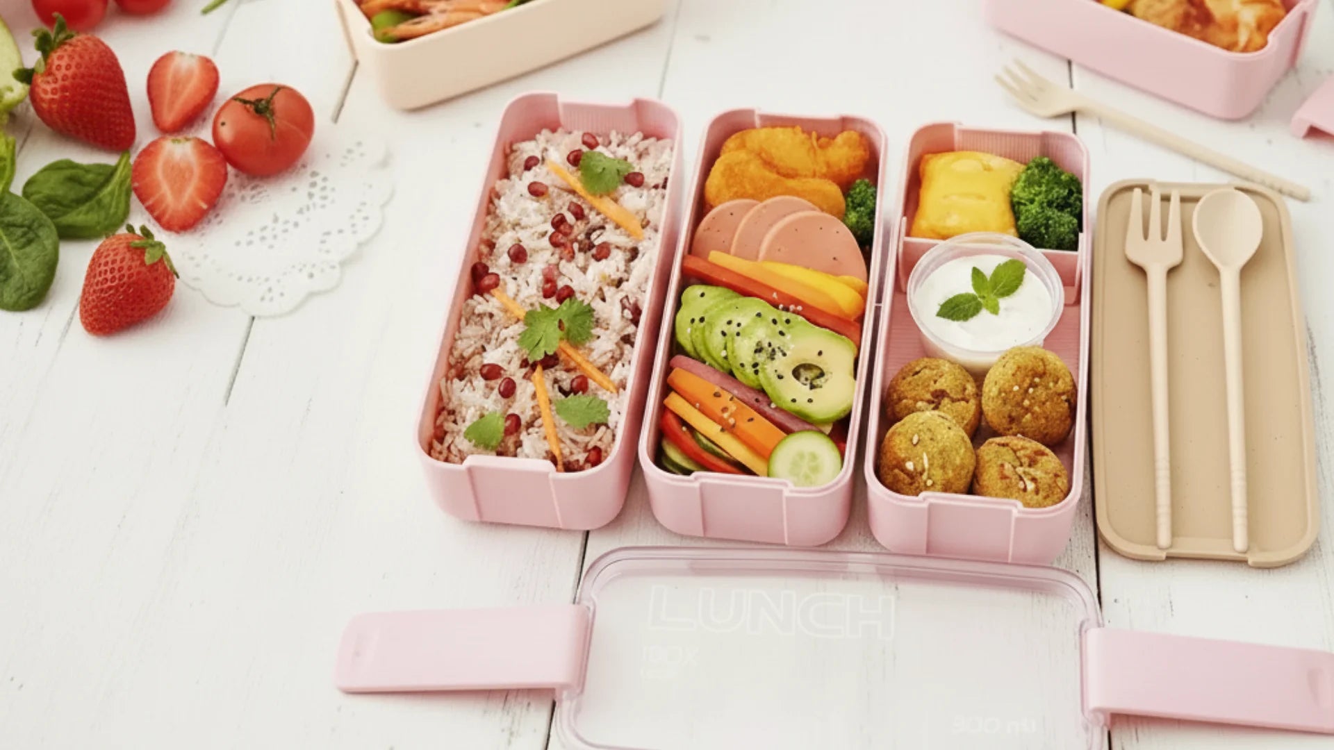 Assortiment de gourdes thermos, boîtes à lunch GoFresh et accessoires pour les repas nomades des enfants.