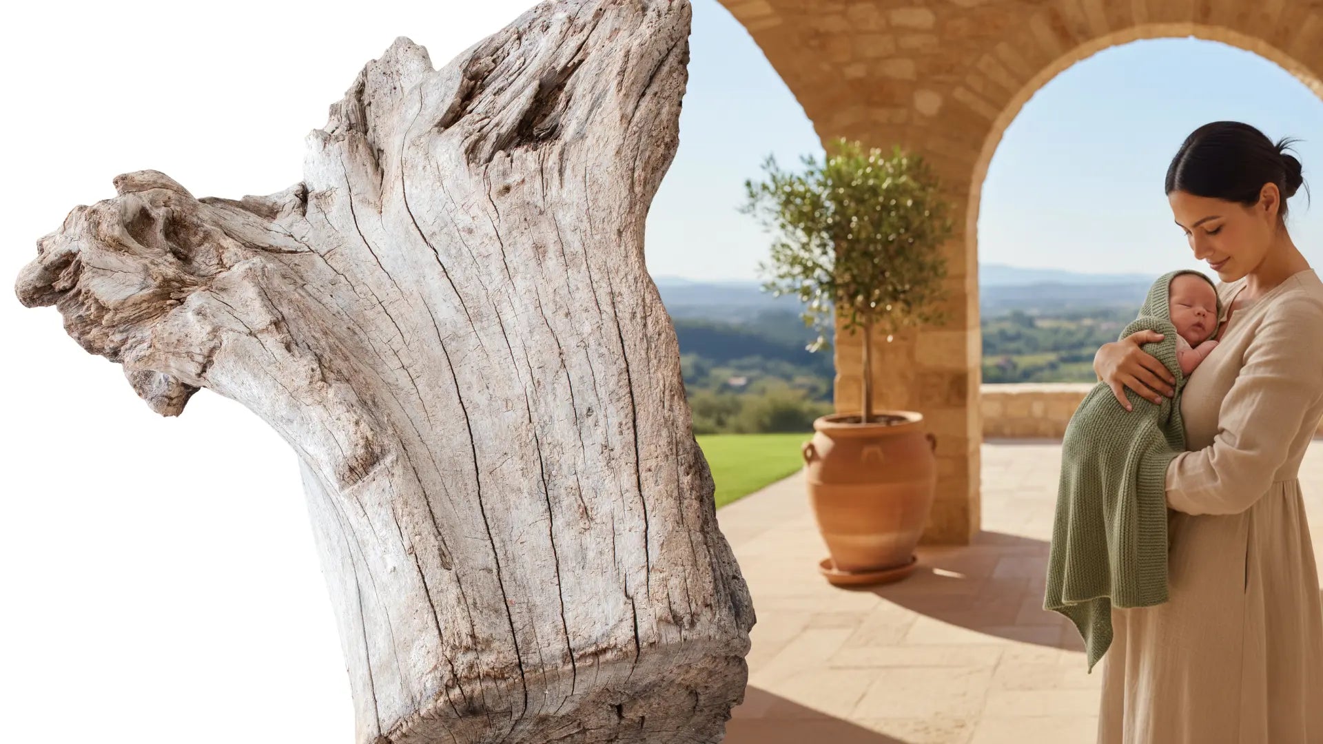 Maman berçant son bébé enveloppé dans la couverture GoodKnit en maille tricotée verte, douce et souple, idéale pour le portage.