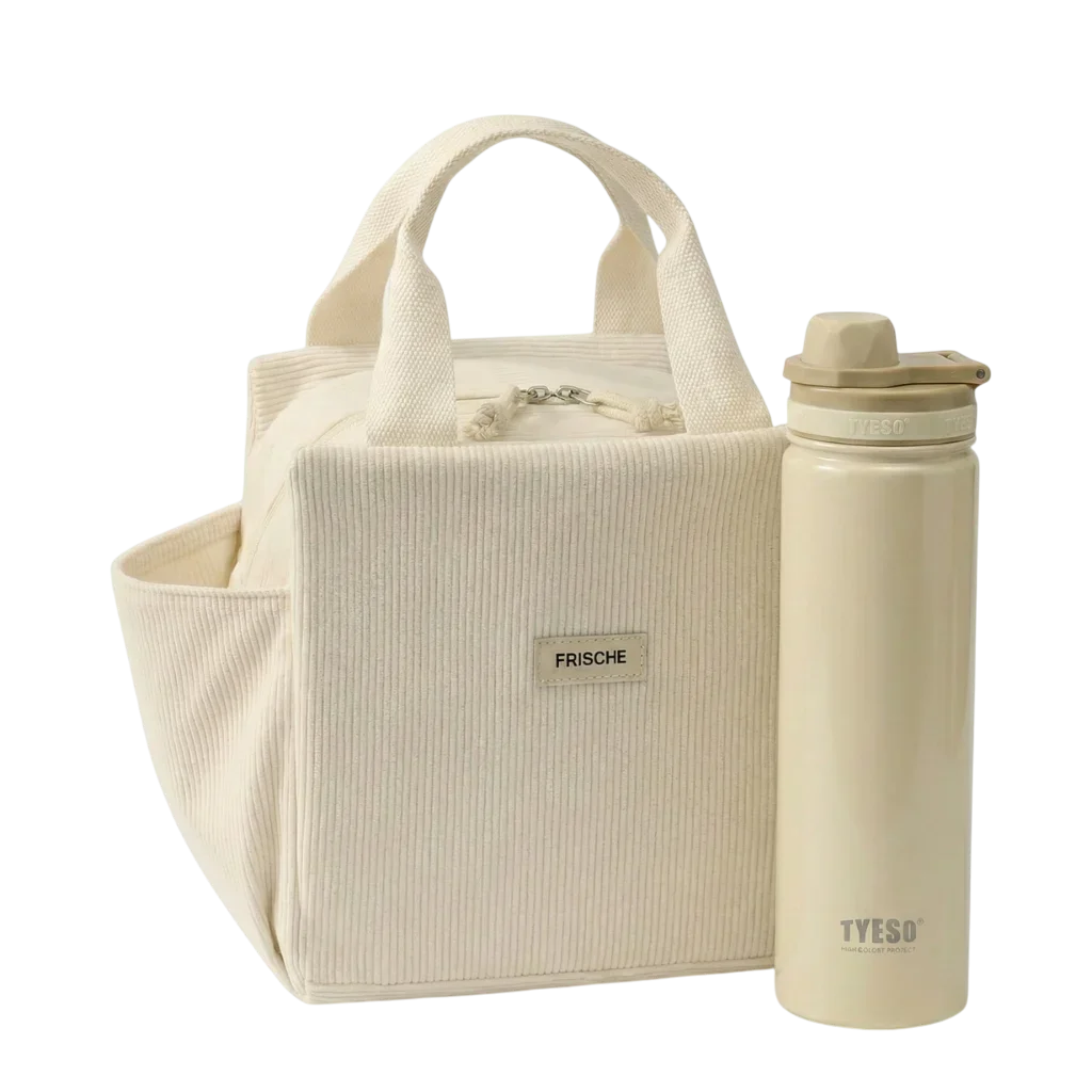 Ensemble sac goûter isotherme compact et gourde en acier inoxydable pour les pauses snacks et l'hydratation quotidienne.