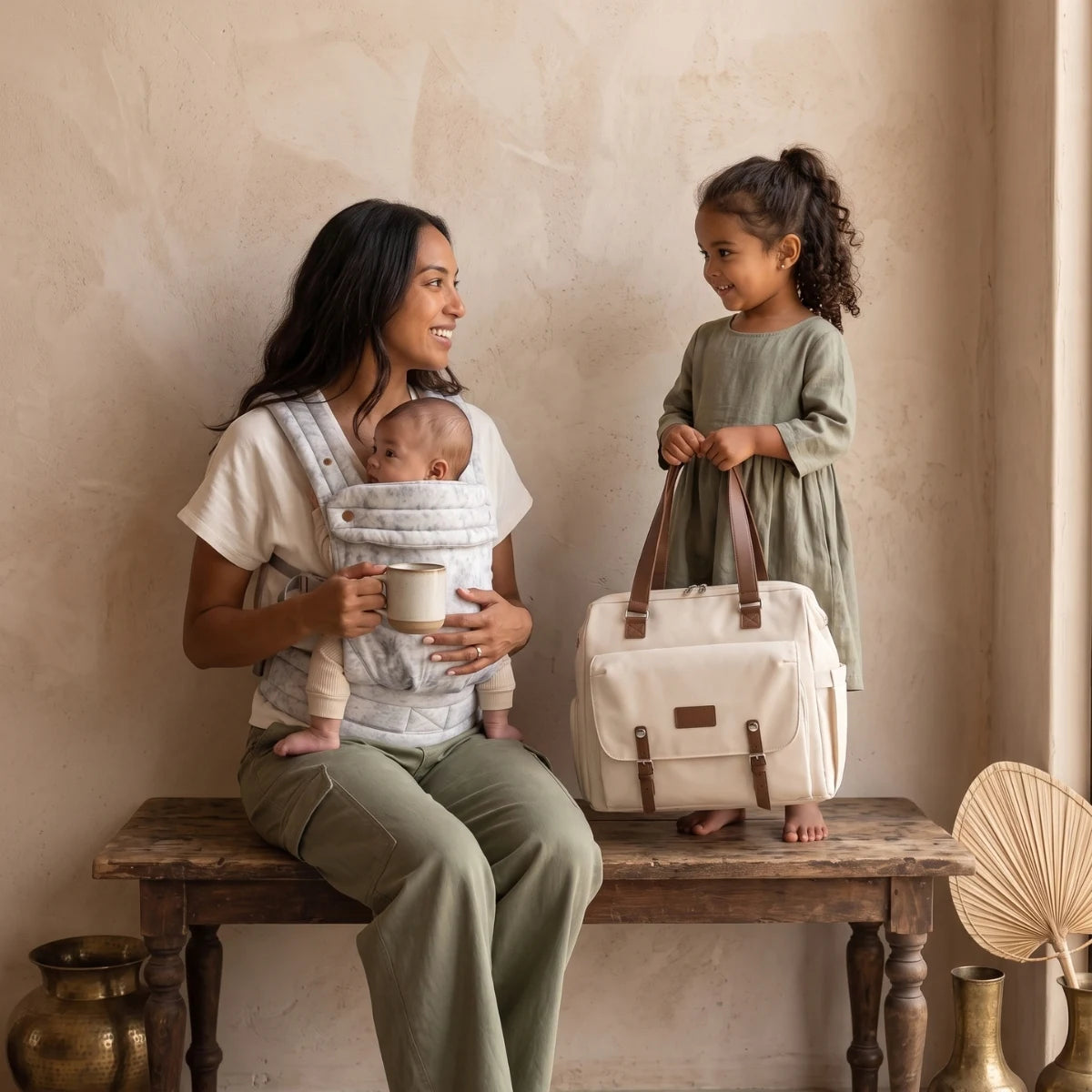 Maman assise avec son bébé dans le porte-bébé physiologique HarmoBaby et le sac à langer de voyage Aventure beige. Pack exclusif Goodn'Explore par Goodnvibes.