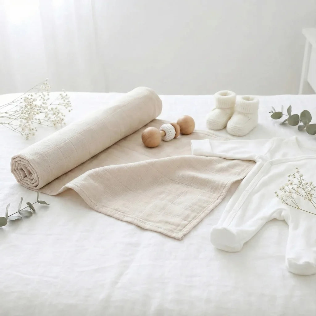 Mise en scène lifestyle du lange Goodn'Lange dans un décor épuré avec accessoires bébé. Idée cadeau de naissance élégante et intemporelle.