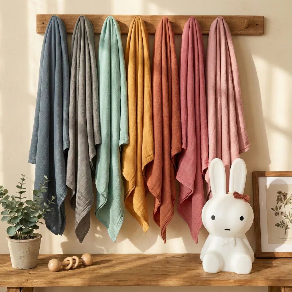 Lange bébé Goodn'Lange en mousseline de coton douce et respirante, présenté roulé. Tissu gaufré de haute qualité, idéal pour le trousseau de naissance.