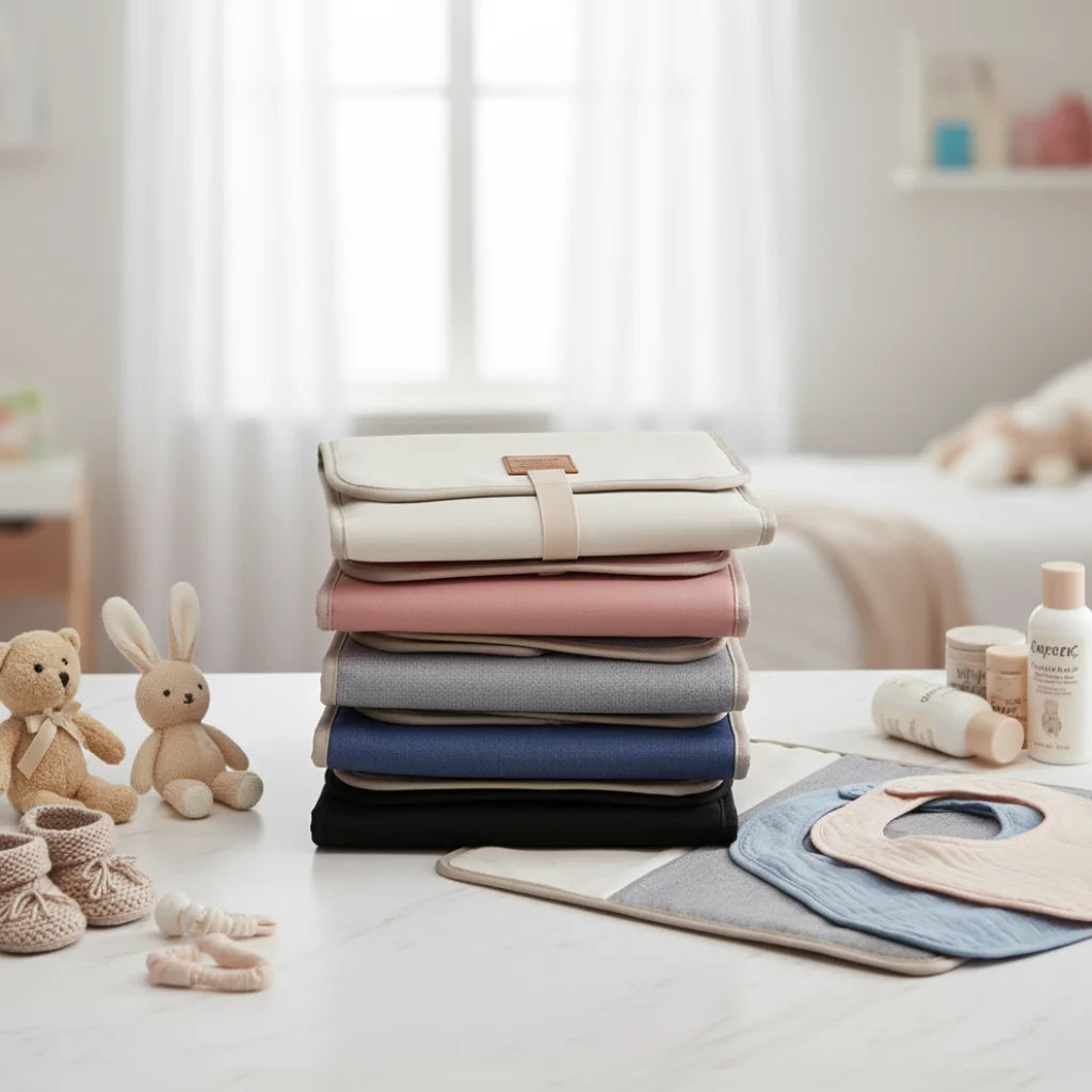 Pile de tapis à langer nomades Goodnvibes coloris beige, vert et terracotta, matelas de change supplémentaire pliable et design pour bébé