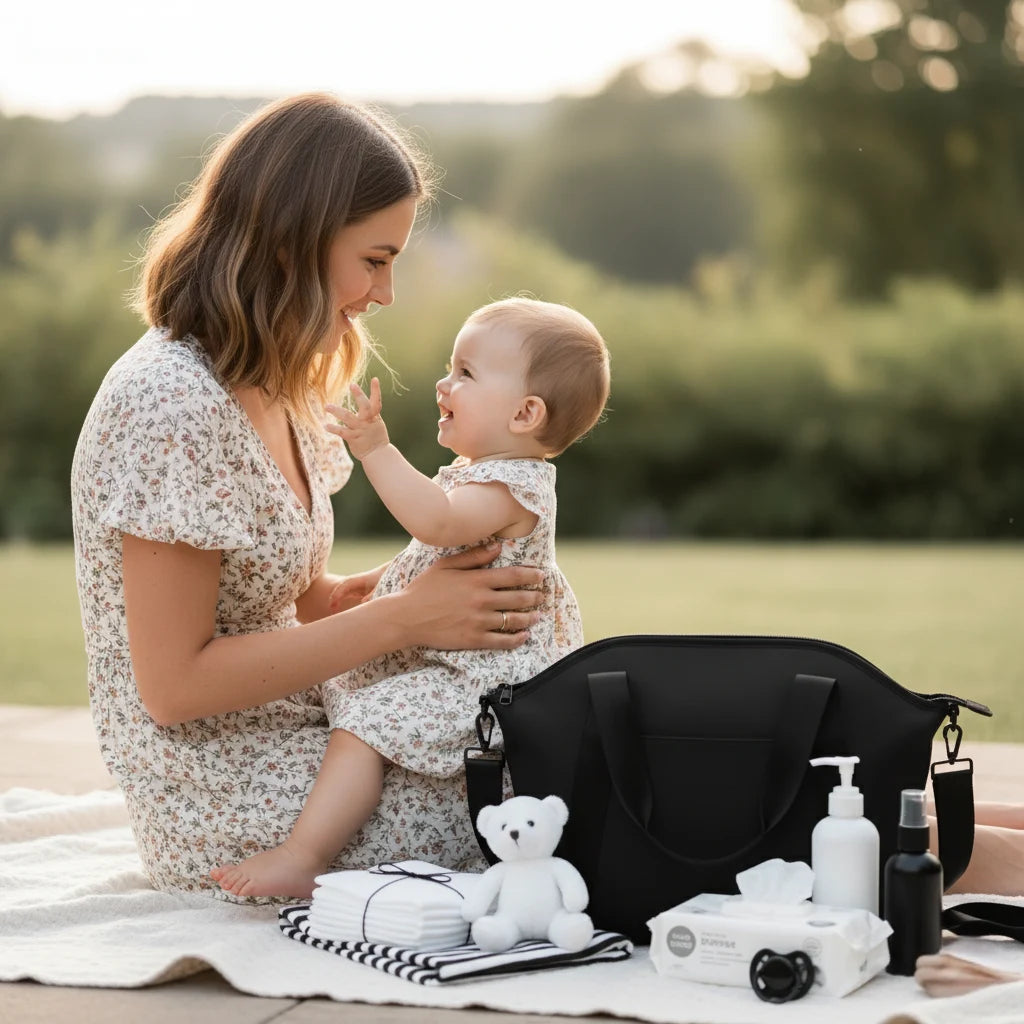 Maman souriante et son bébé fille en robe jouant près d'un sac à langer noir élégant et ses accessoires essentiels de puériculture en extérieur.