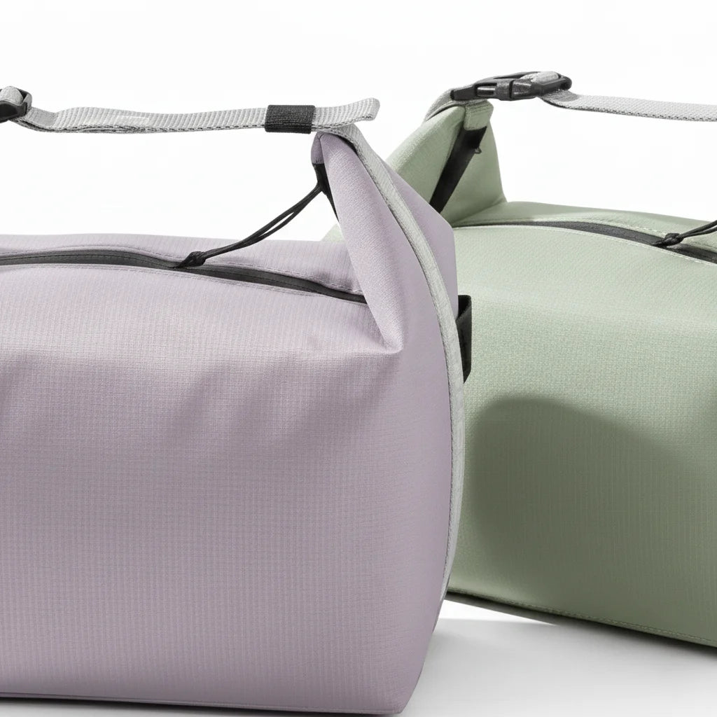 Lunch bag rose et vert NomadBox isotherme en tissu Oxford et coton perlé avec grande capacité et format enroulable pratique