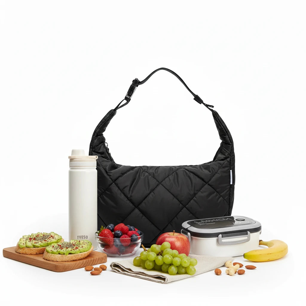 Set repas élégant Goodn'Chic avec sac isotherme effet Puffy matelassé, boîte déjeuner compartimentée et bouteille isotherme double paroi