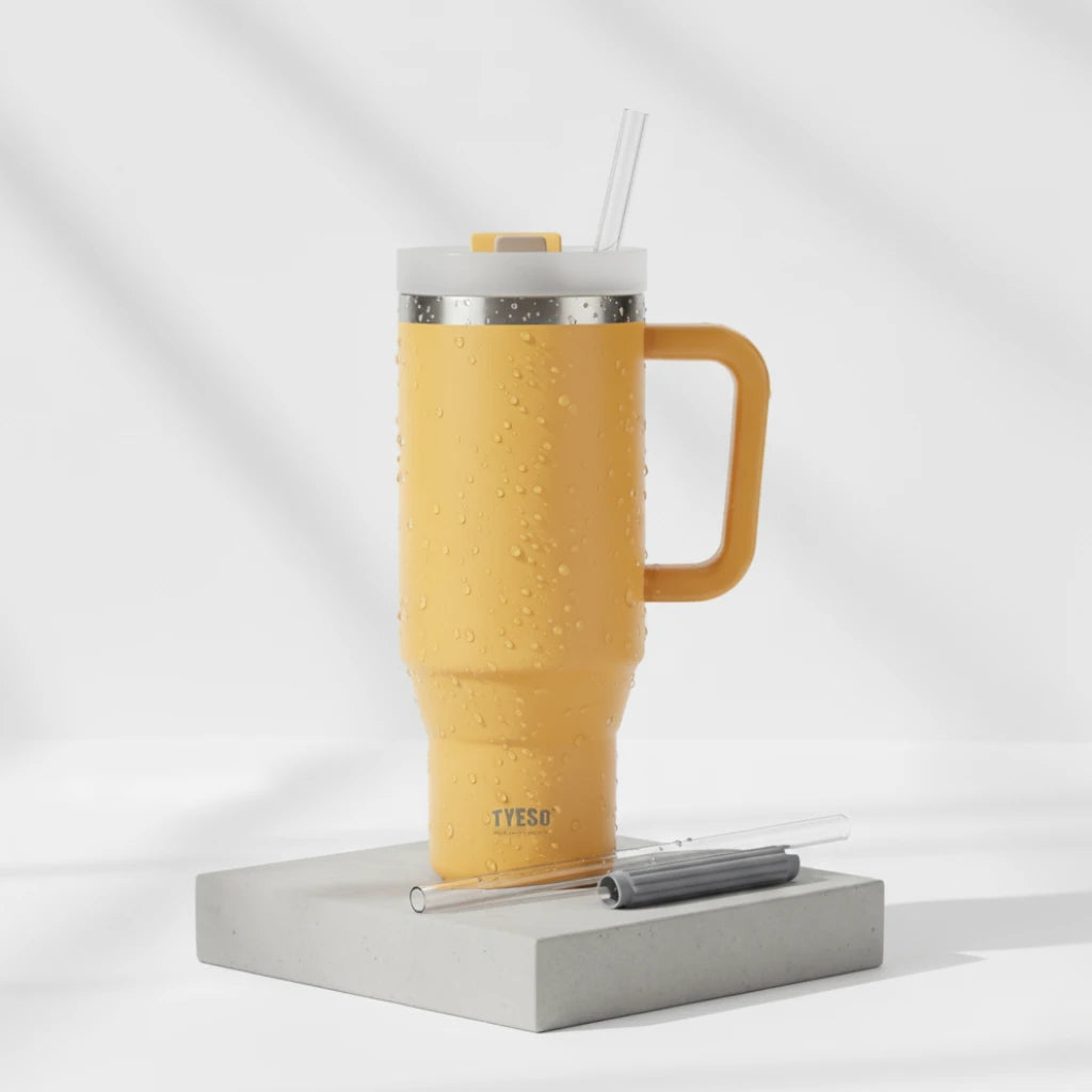 Tyeso Gobelet inox avec paille réutilisable, 900ml ou 1200ml, idéal pour boissons chaudes ou froides  jaune paille incluse