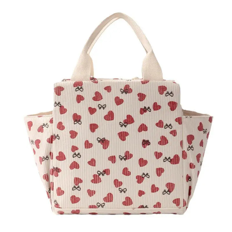 Sac à lunch motif cœur beige, vue de côté avec poignée