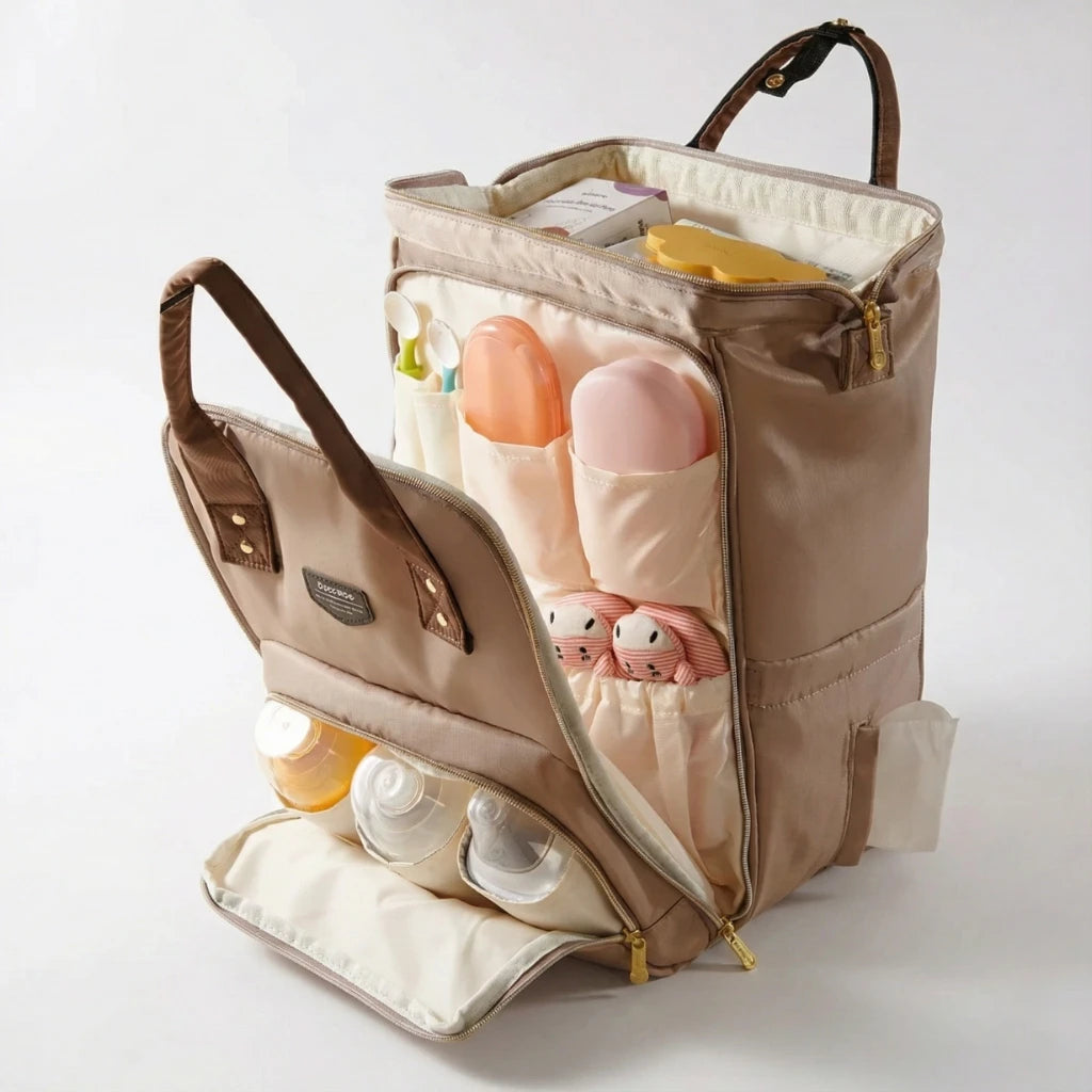Sac à langer Moka spacieux et pratique pour voyages avec bébé fixation valise incluse