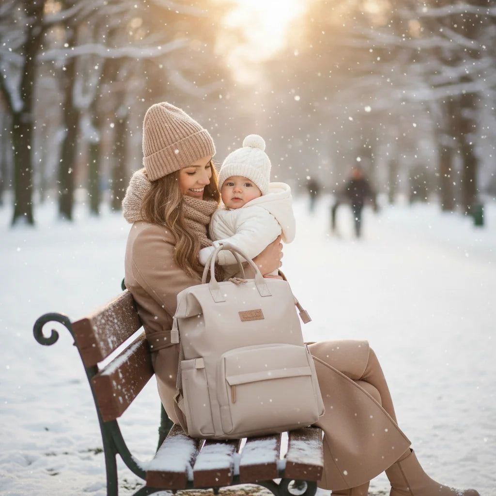 Maman et bébé assis sur un banc enneigé dans un parc, le sac à langer Nyla beige à leurs côtés, profitant d'une douce journée d'hiver.