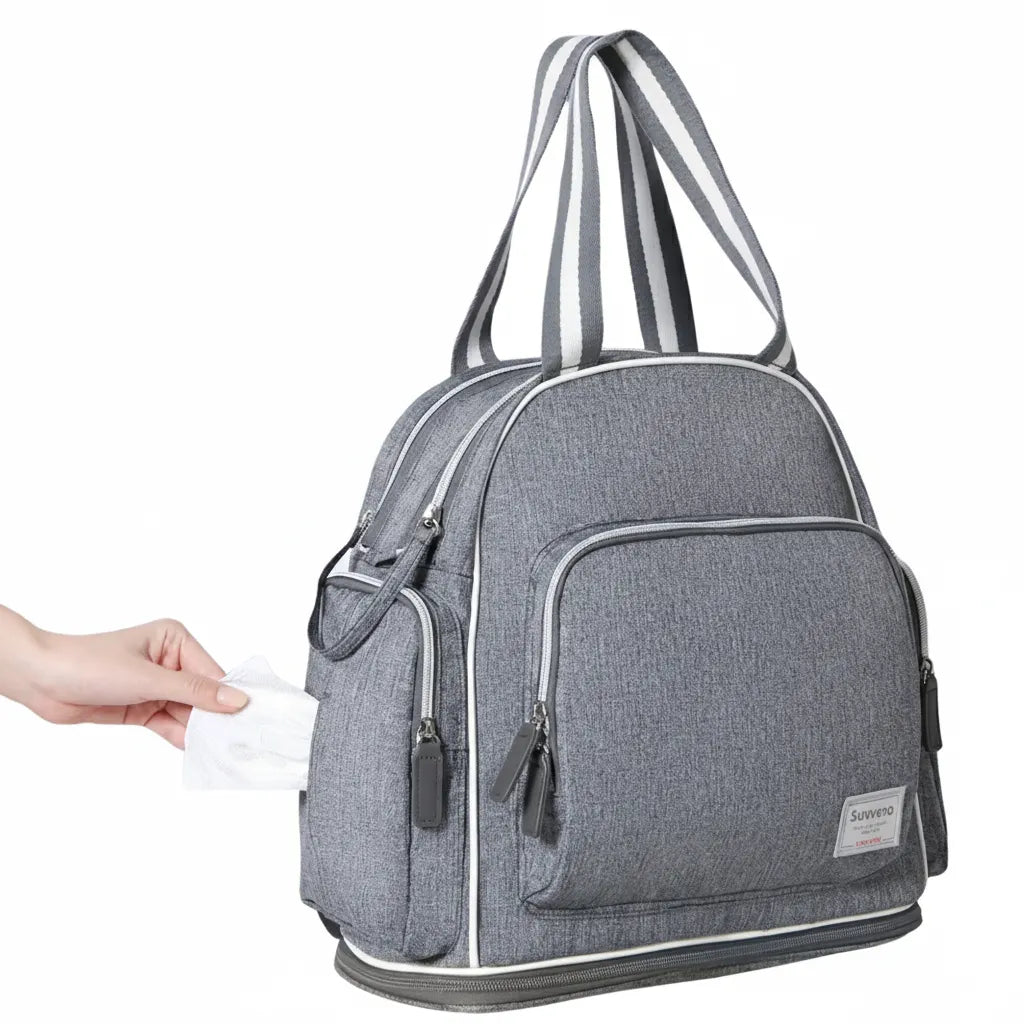 Détail des matériaux et finitions modernes du sac à langer NomadGlow pour un style élégant.
