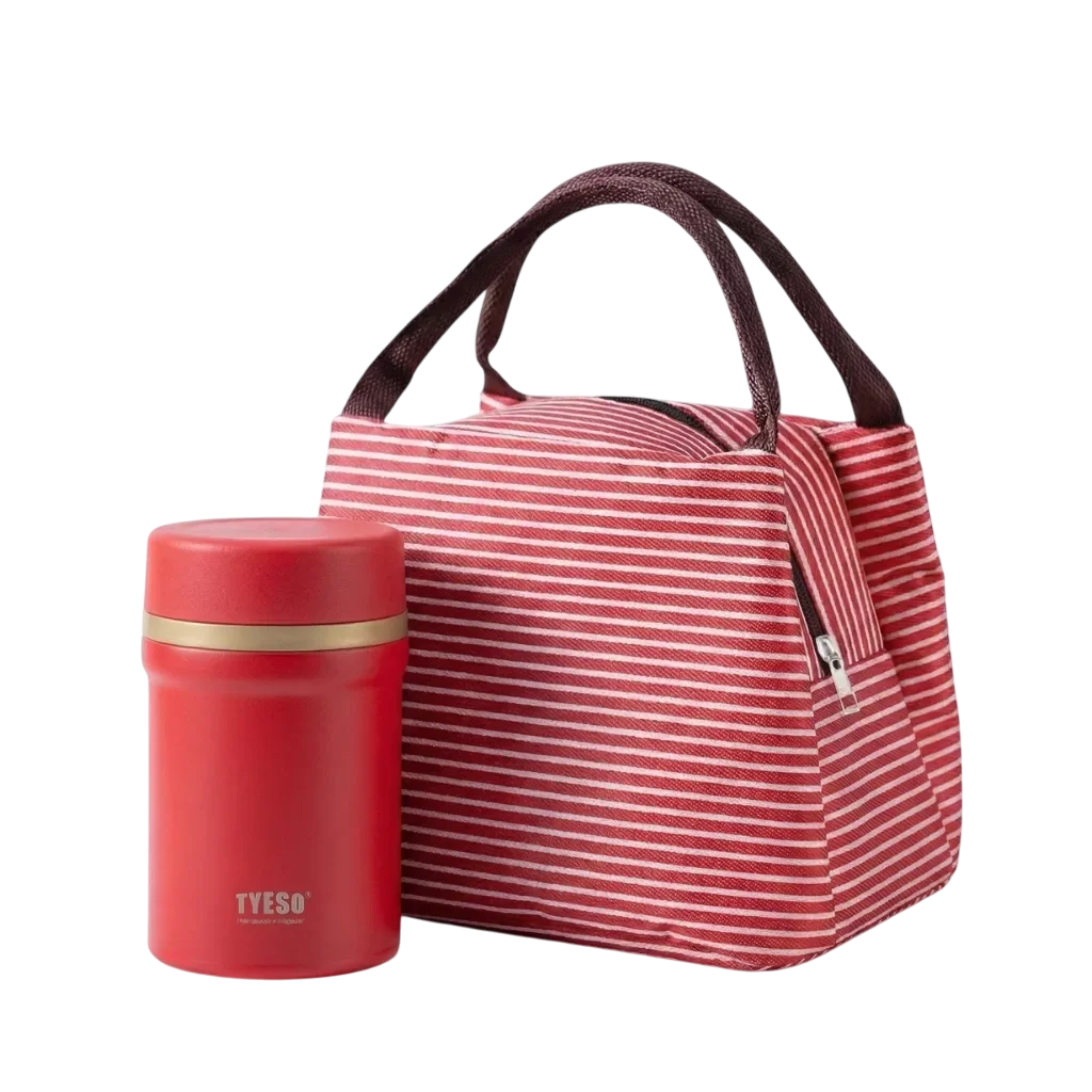 Kit lunch bag isotherme et boite repas ronde hermétique idéal pour transporter soupes et salades fraîches en toute sécurité.