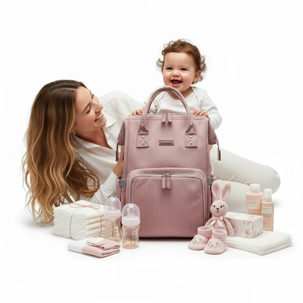 Sac à langer en velours côtelé élégant, porté par une maman attentive avec son bébé souriant sur une scène lifestyle. Goodnvibes