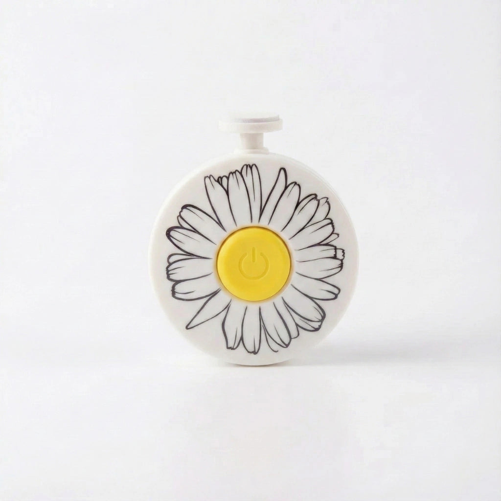 Coupe-ongle électrique blanc au design marguerite avec bouton central jaune, lime à ongles douce pour bébé et adulte