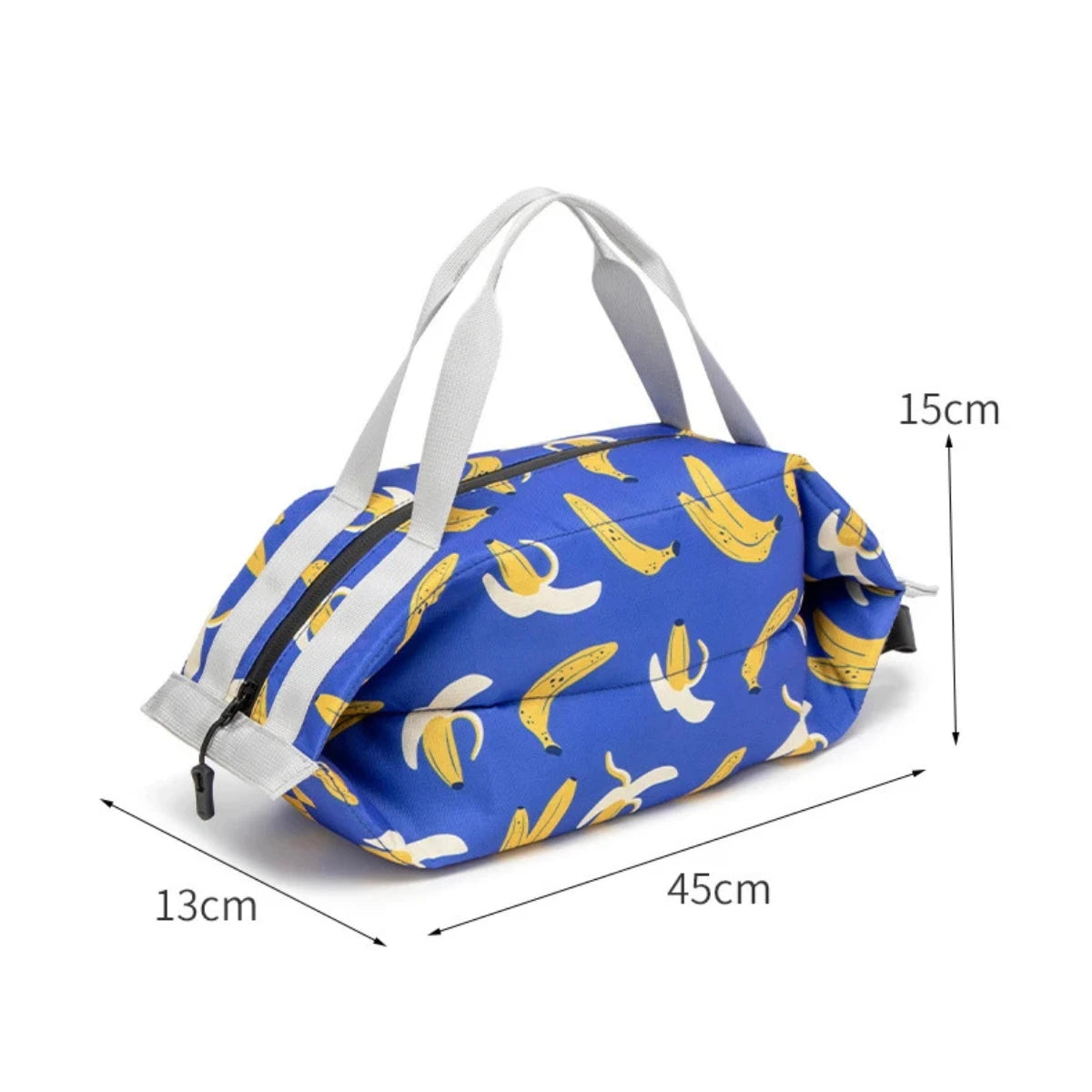 Schéma précis avec les dimensions du grand sac isotherme motif banane Goodnvibes affichant sa capacité réelle de transport.