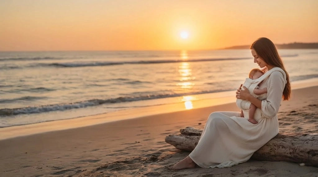 Maman portant un nouveau-né dans un porte-bébé physiologique et ergonomique, assurant le confort du bébé et de l'adulte.