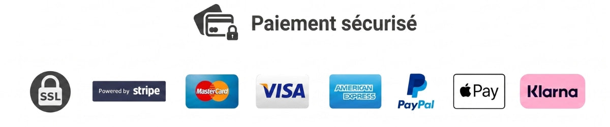 Paiement sécurisé sur la boutique Goodnvibes avec certificat SSL. Logos des moyens de paiement acceptés : Stripe, Mastercard, Visa, American Express, PayPal, Apple Pay et Klarna