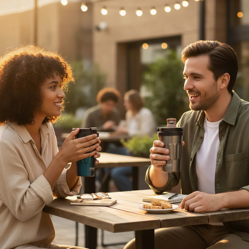 Alliez élégance et praticité avec VibeCup, le mug isotherme élégant et portable pour vos boissons chaudes ou froides.