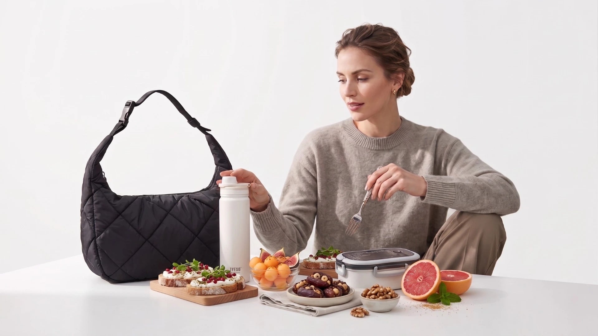Femme élégante prenant une pause déjeuner saine avec le pack Goodn'Chic composé du Lunch Bag Puffy noir matelassé, de la Gourde PureVibe blanche et de la Bento Box Snack&Go sur une table blanche.